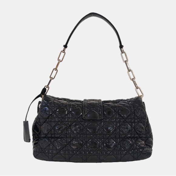 CHRISTIAN DIOR BLACK PATENT LEATHER QUILTED SHOULDER BAG - Picture 4 of 6